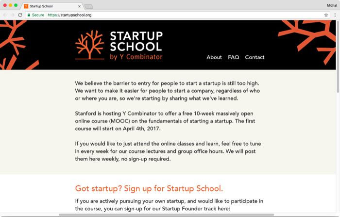 Ycombinator Startup School Website 1